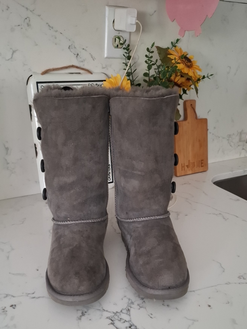 UGG Bailey Tall Gray Suede Button-Trim Shearling Boots